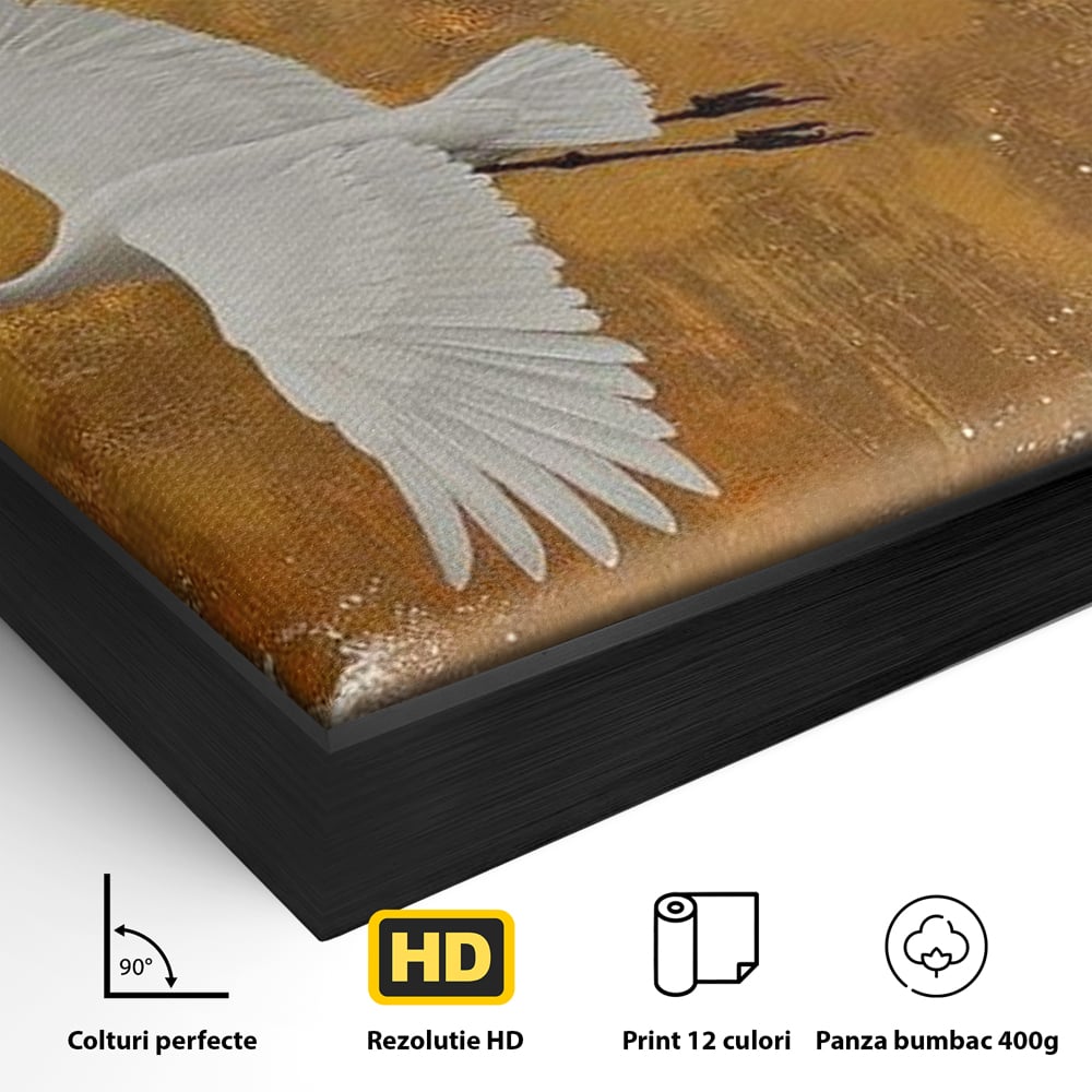 Detaliu al suprafetei: tablou canvas cu doi cocori, in rama de aluminiu negru